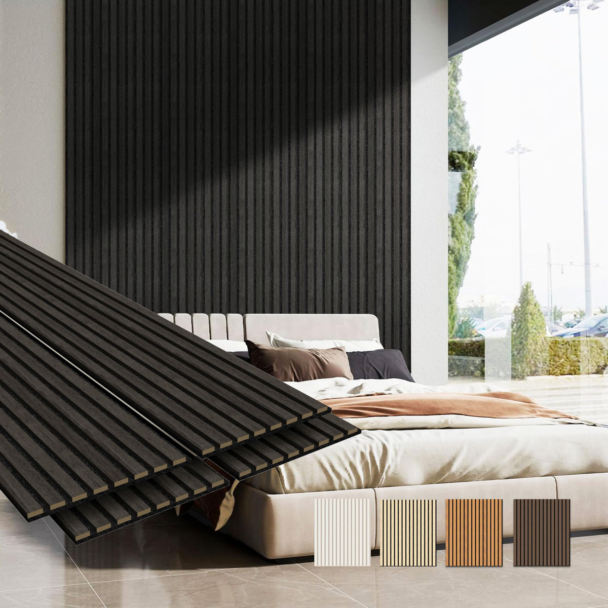 MISSDAY Wood Slat Acoustic Wall Panels, 2 Packs 94.5" x 12.6" Black Soundproof Panel For Interior Wall Decor Noise Absorbing-3D Textured Wooden Panel Sound-Absorbing for Home, Office, Studio
