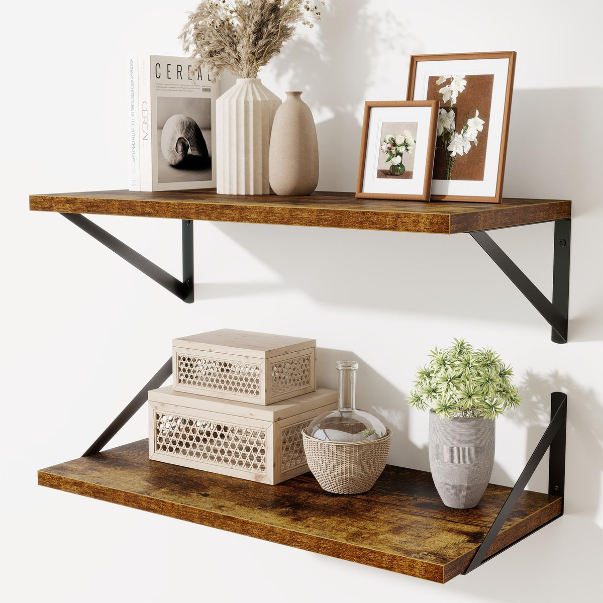 Acovy Deep Floating Shelves Wall Mounted, 36"x12" Brown Wood Shelves with Brackets Set of 2 for Bedroom, Living Room, Bathroom, Kitchen, Office - Storage & Display Shelf for Decor, Books, Plants