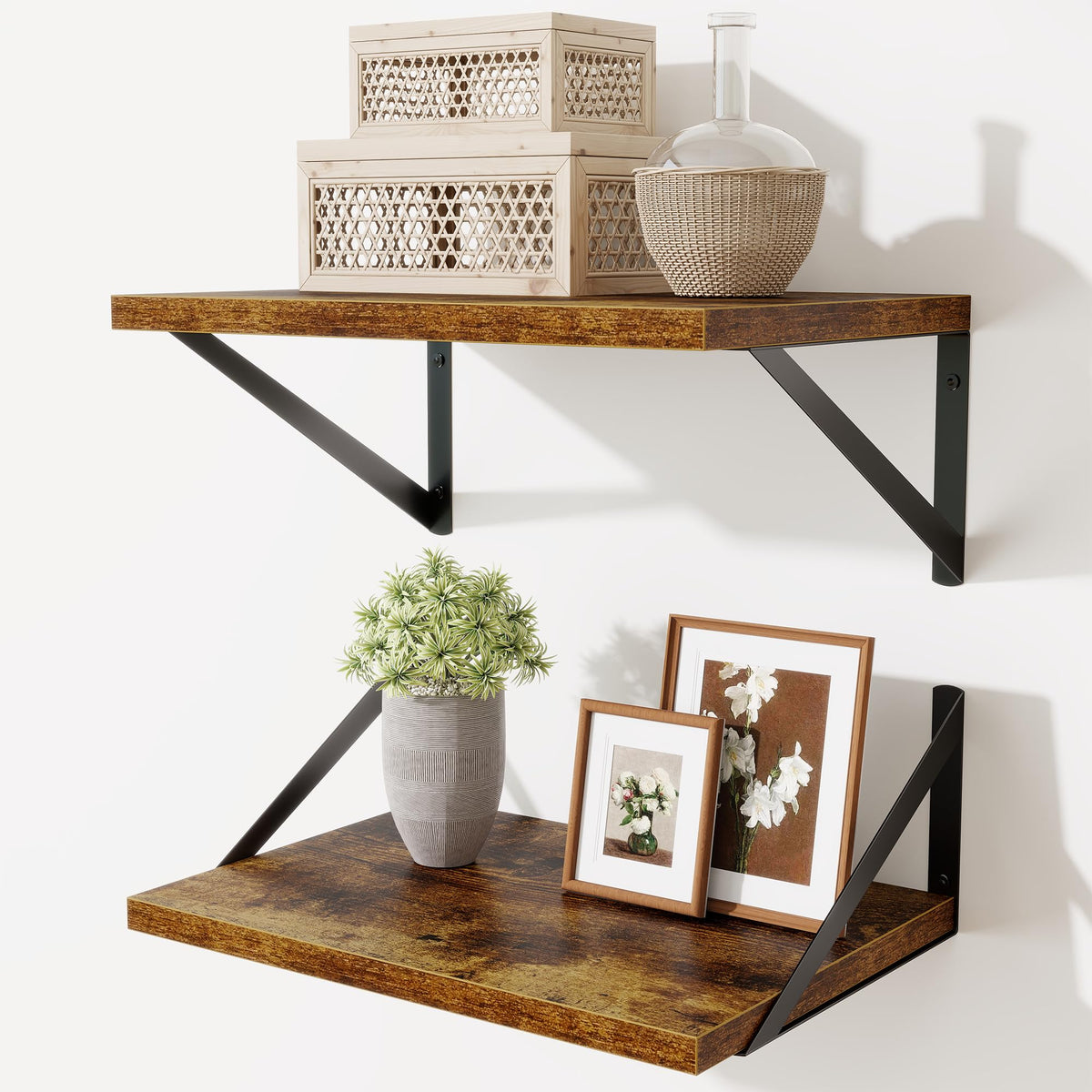 Acovy Deep Floating Shelves Wall Mounted, 36"x12" Brown Wood Shelves with Brackets Set of 2 for Bedroom, Living Room, Bathroom, Kitchen, Office - Storage & Display Shelf for Decor, Books, Plants