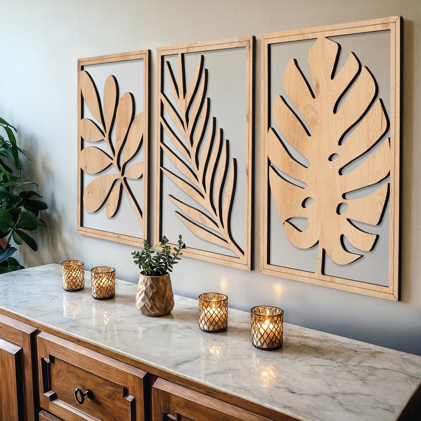 qmmp Modern Wooden Wall Sculptures - Set of 3 - Home Decor Accent - Large Wall Art for Living Room, Bedroom, Office - Easy Installation (Walnut, Medium - Mountain and Sun)