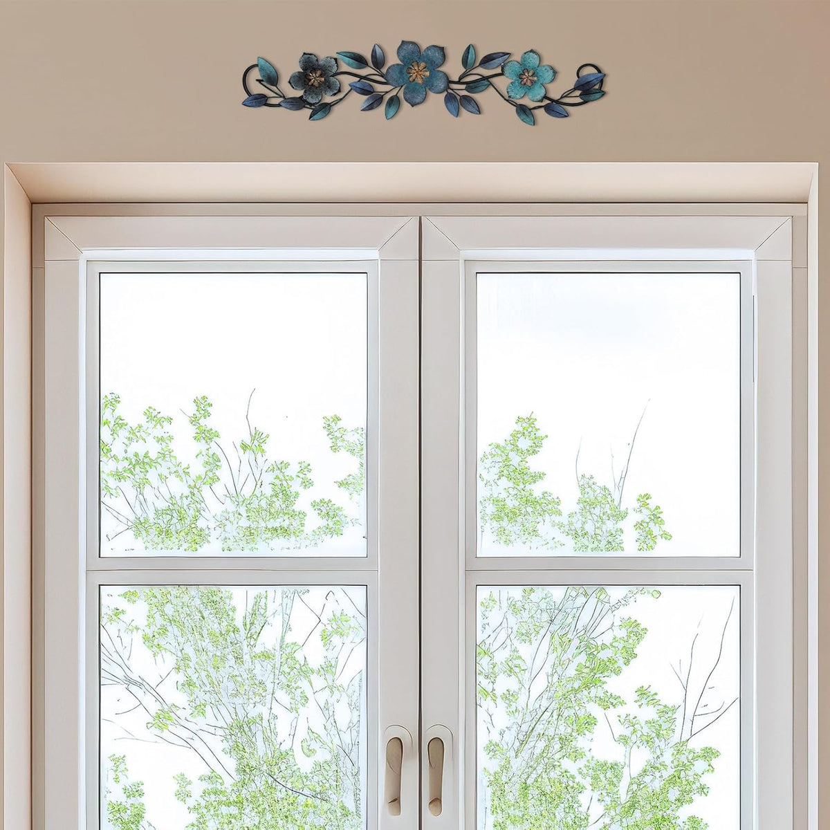 Wesiti Metal Flower Wall Decor Wrought Iron Scroll 15.7x3.7,Blue