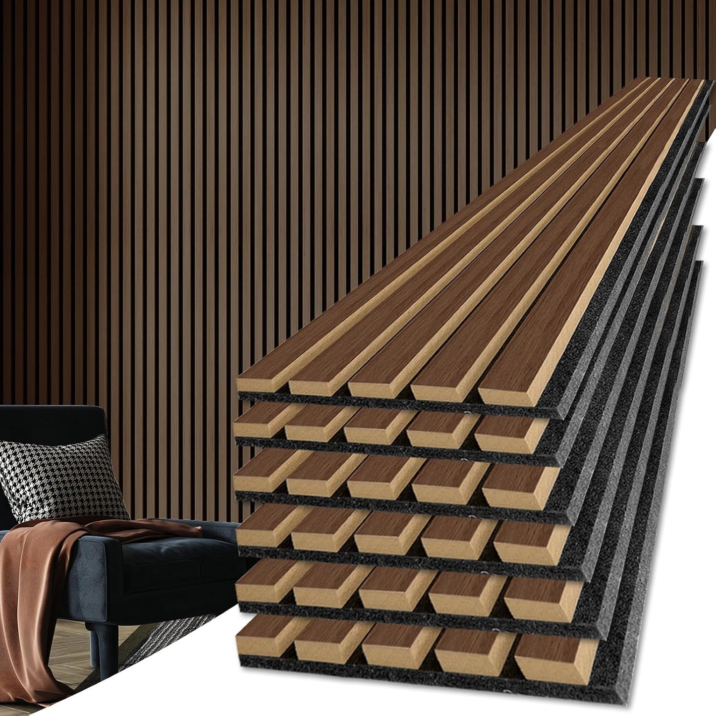 Art3d 6-Pack Soundproof Wood Slat Wall Panels, 94.5 x 7.9 Inch, Walnut