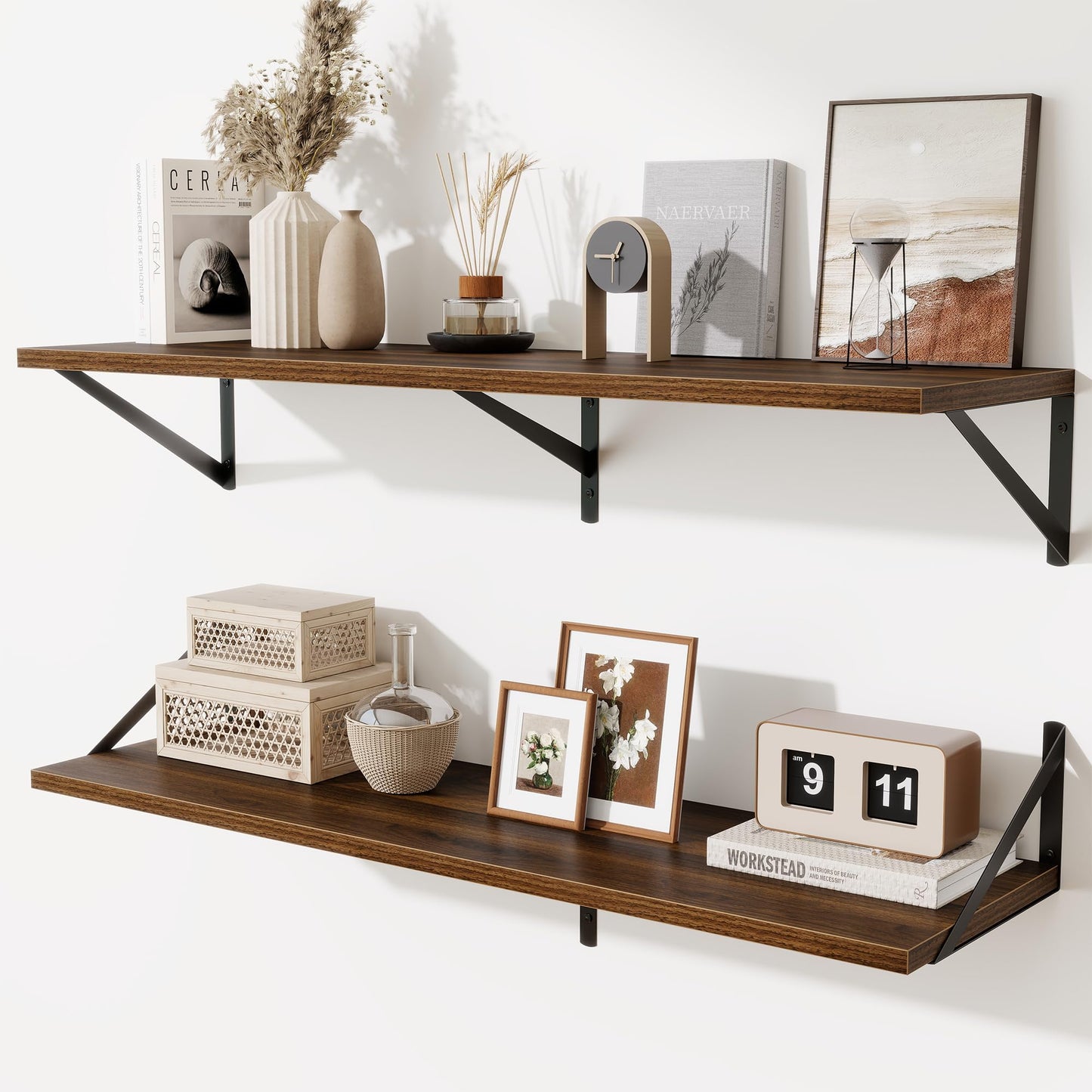 Acovy Deep Floating Shelves Wall Mounted, 36"x12" Brown Wood Shelves with Brackets Set of 2 for Bedroom, Living Room, Bathroom, Kitchen, Office - Storage & Display Shelf for Decor, Books, Plants