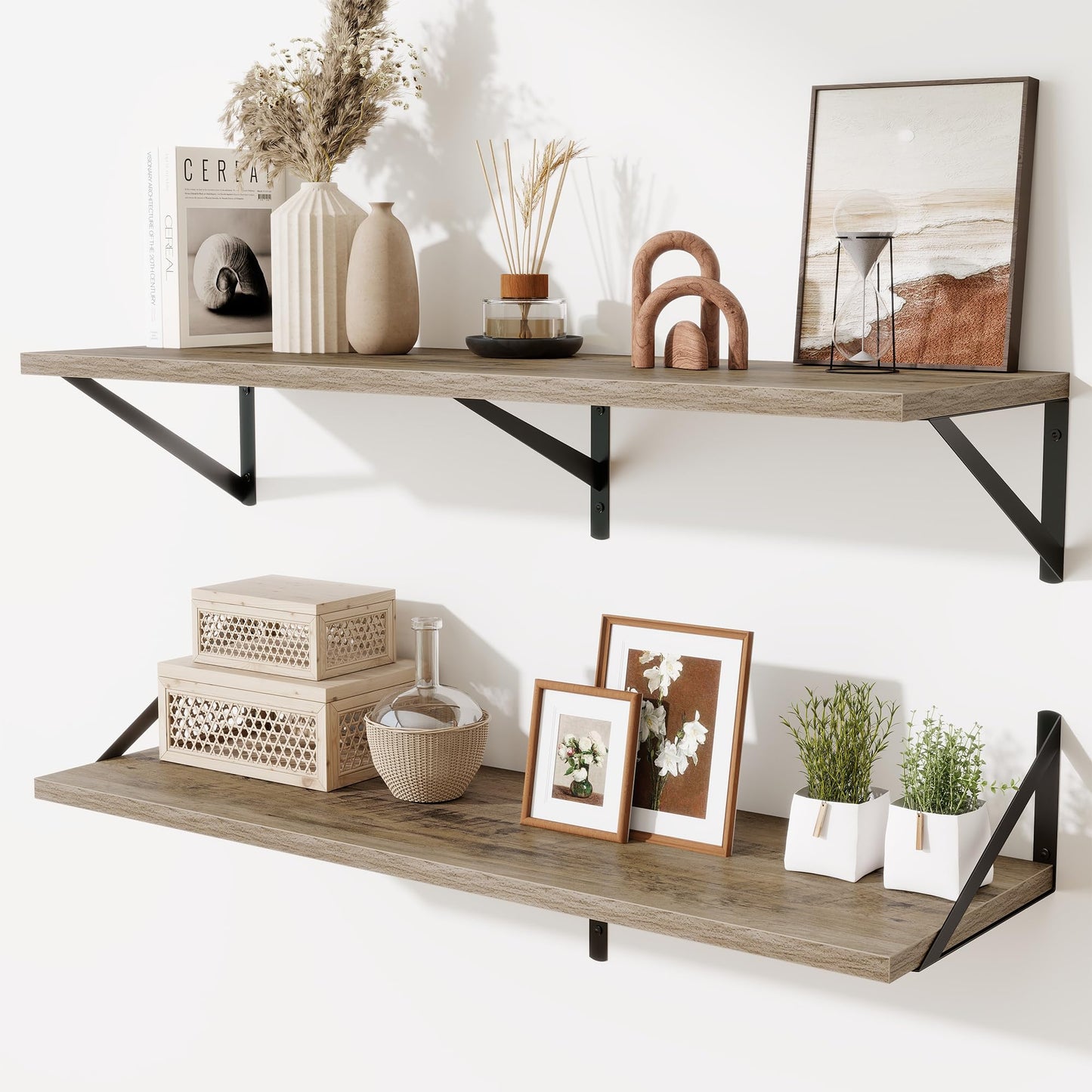 Acovy Deep Floating Shelves Wall Mounted, 36"x12" Black Wall Shelves with Brackets Set of 2 for Bedroom, Living Room, Bathroom, Kitchen, Office - Storage & Display Shelf for Decor, Books, Plants