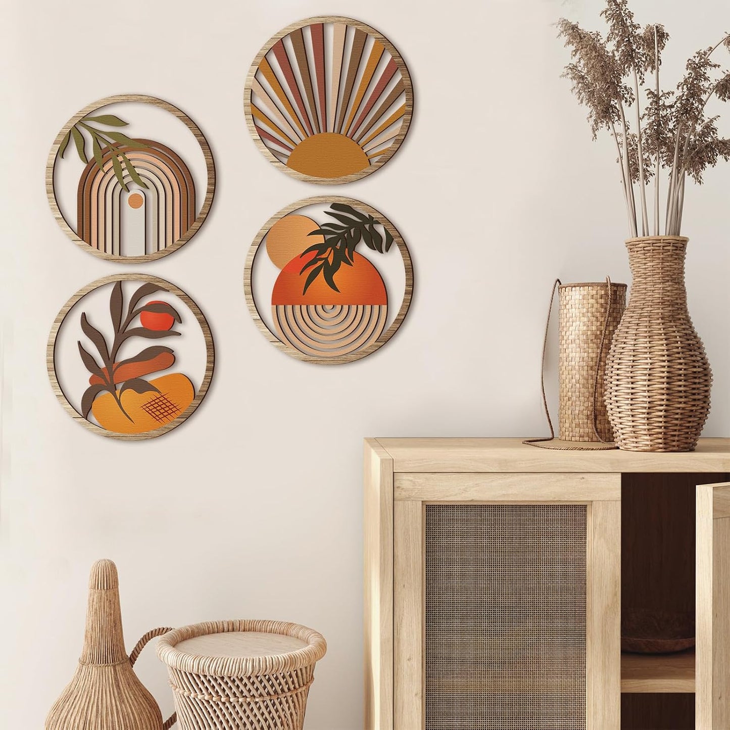 Qunclay 4 Pcs Boho Wall Art Bohemian Wood Round Circle Wall Decor Stylish