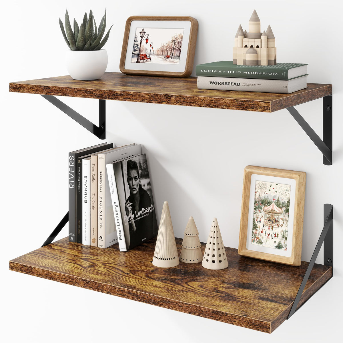 Acovy Deep Floating Shelves Wall Mounted, 36"x12" Brown Wood Shelves with Brackets Set of 2 for Bedroom, Living Room, Bathroom, Kitchen, Office - Storage & Display Shelf for Decor, Books, Plants