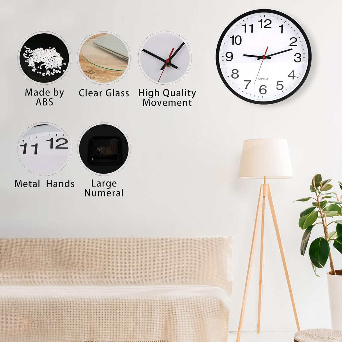 12In Wall Clock,Modern,Battery Operated,Non-Ticking Analog Clock,Black
