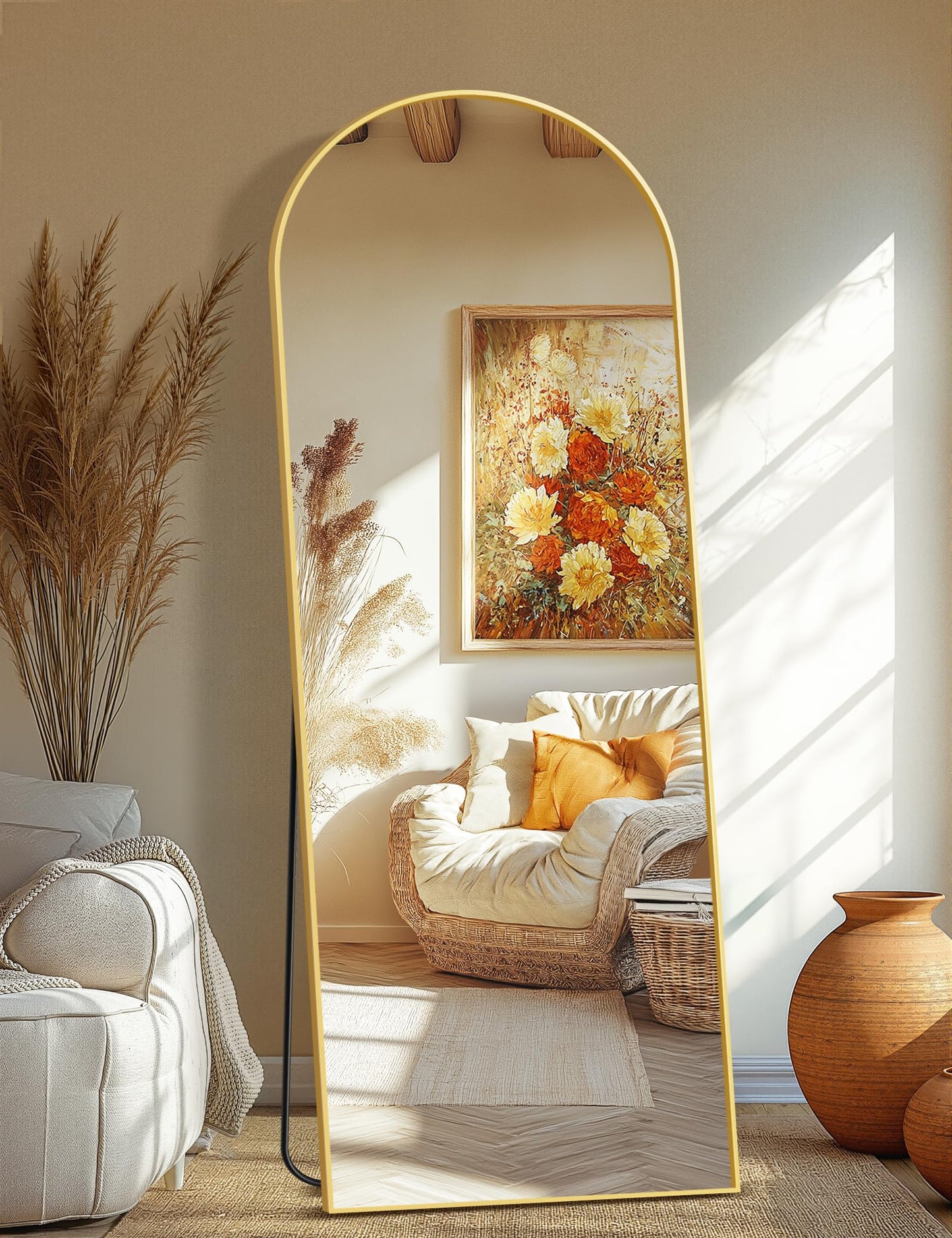 Arched Full Length Mirror, 56"x15" Standing Body Mirror for Wall, Gold