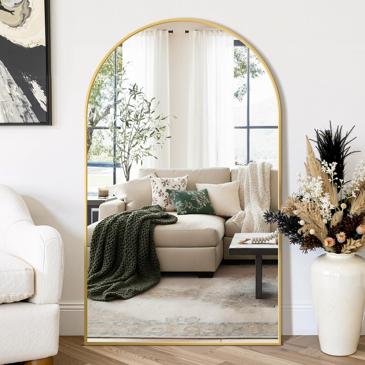 Arched Full Length Mirror, 56"x15" Standing Body Mirror for Wall, Gold