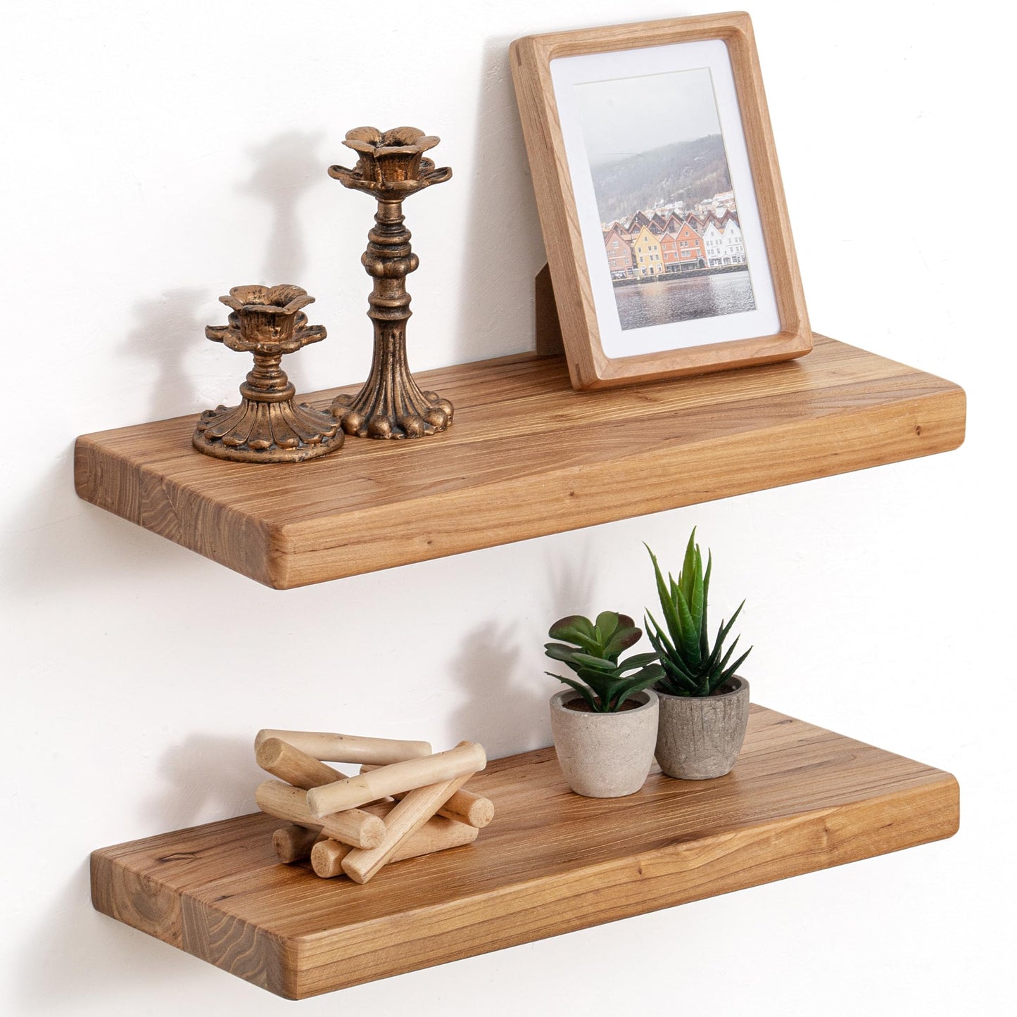 Floating Shelves for Wall Decor, Rustic Solid Elm Wood Live Edge Floating Shelves Wall Mounted, Wall Shelves with Invisible Bracket for Living Room Bathroom Bedroom Kitchen, 24 Inch Set of 2, Natural