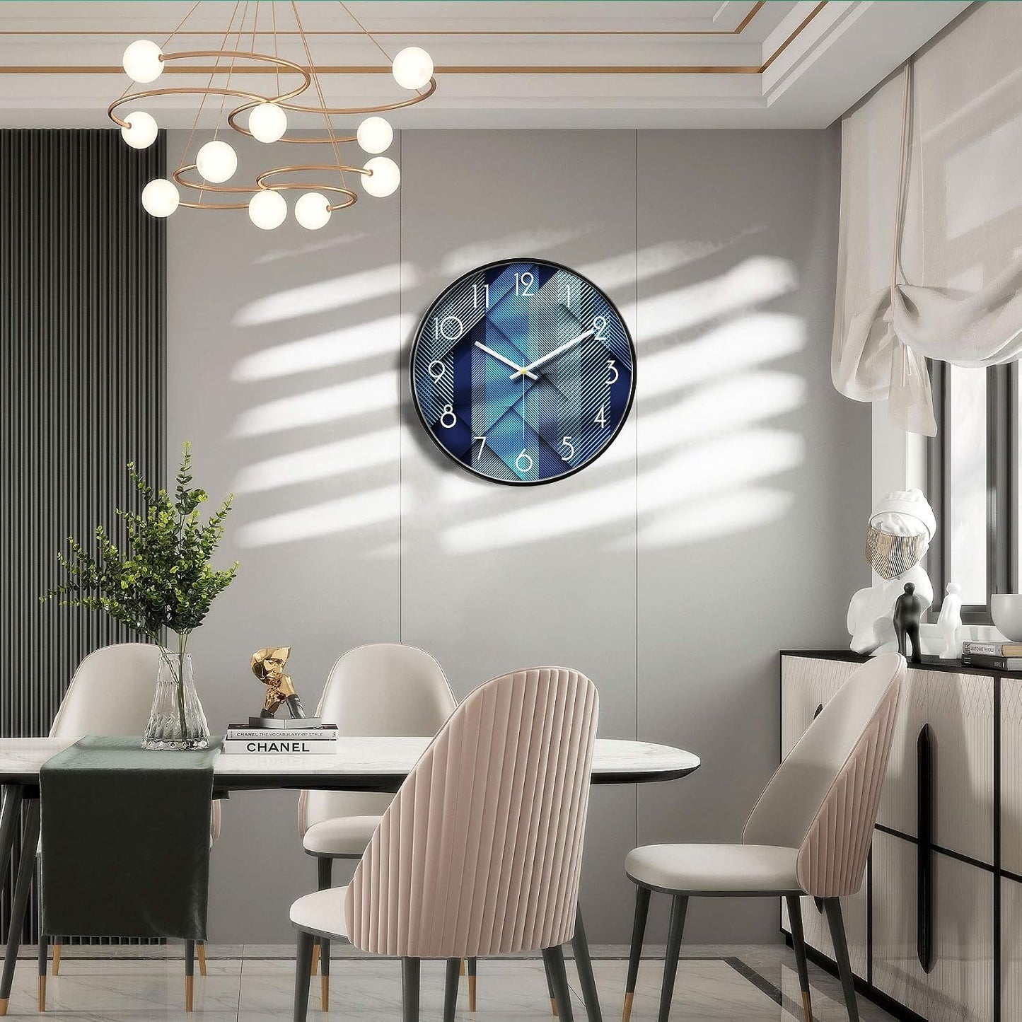 Silent Non-Ticking Analog Wall Clock, Geometric Blue Print, 12''