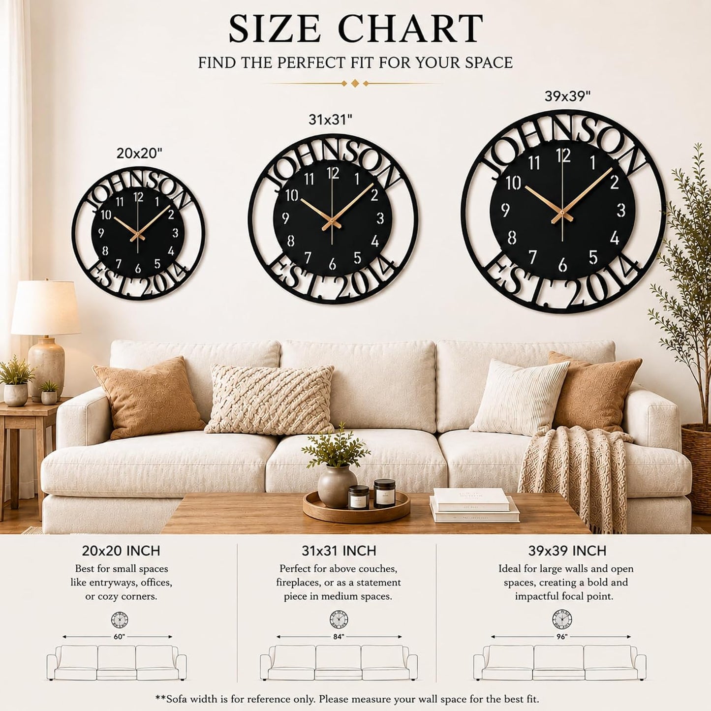 Custom Large Metal Wall Clock, Personalized Last Name and Established Year, Silent Non-Ticking Steel Clock, Family Decor for Living Room, Wedding, Anniversary or Housewarming Gift