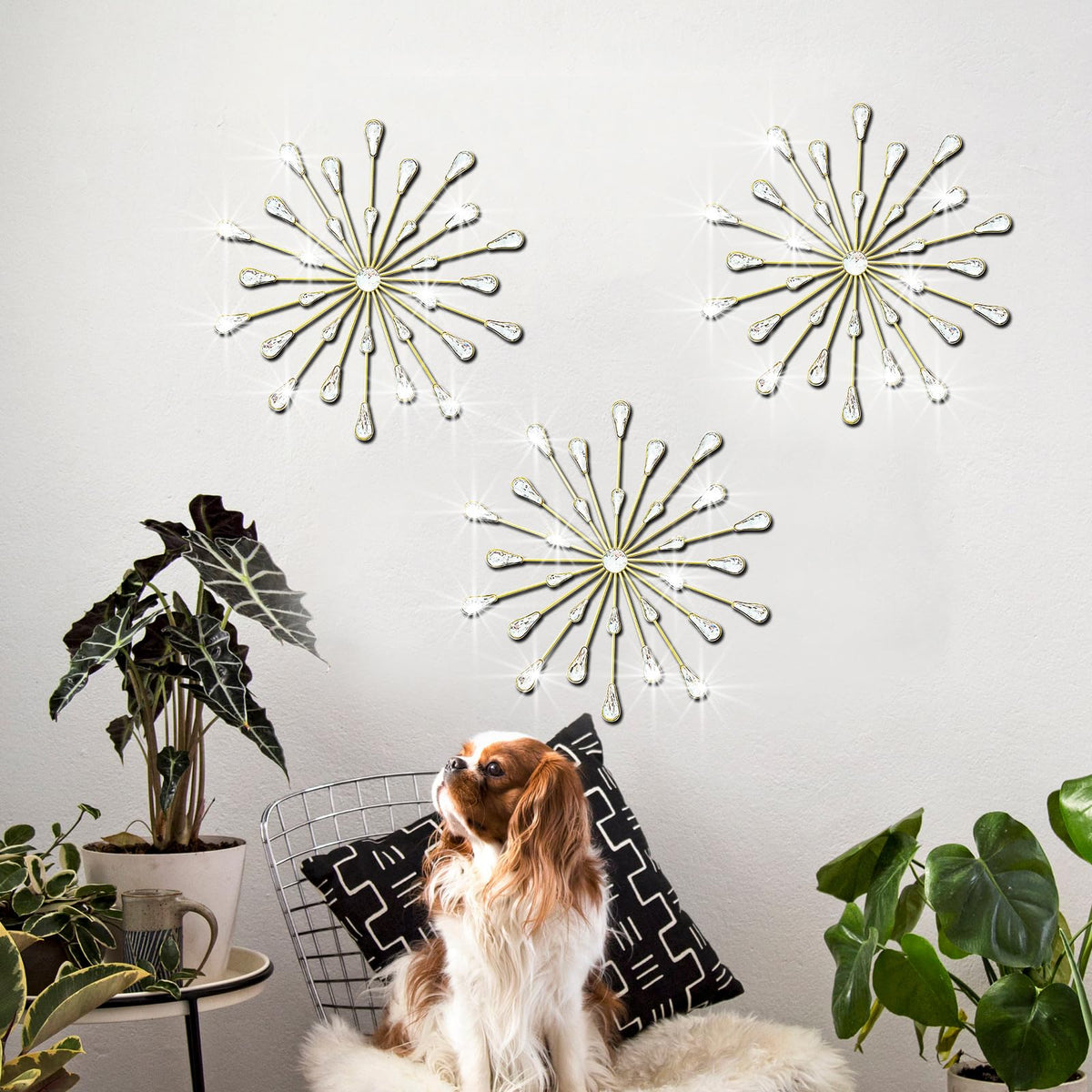 ZEXUIRU 3 Set Silver Starburst Wall Art for Home Decor Metal Bling Crystal Rhinestones Sunburst Wall Decor Sparkling Rhinestone Art Accent Silver - 13in