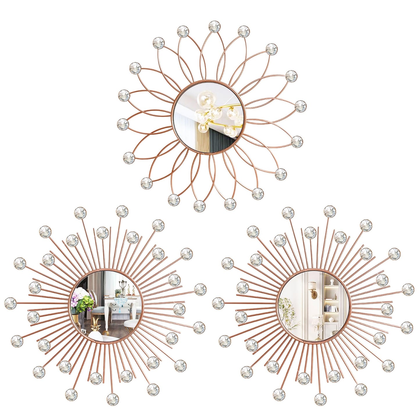 3 Pack Metal Mirrors for Wall Sunburst Wall Mirrors Home Décor Decorative Hanging Wall Art for Living Room Bedroom Entryway (Gold, Flower+Sunburst)