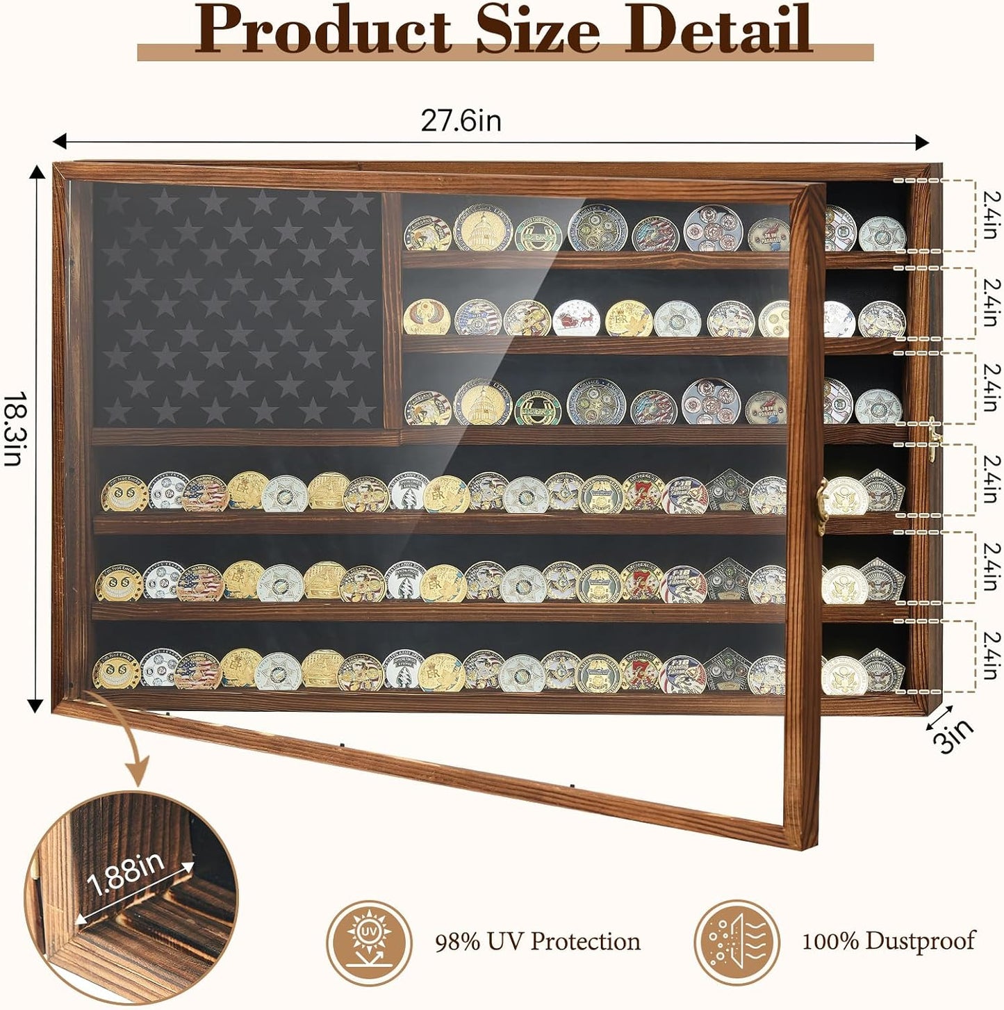 Challenge Coin Display Case, 27.6" x 18.3" Lockable Coin Holder Cabinet