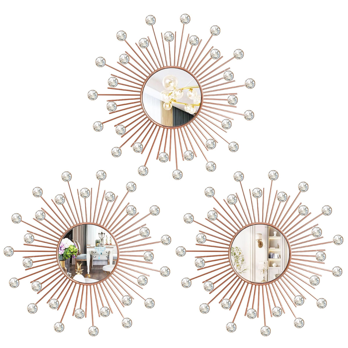 3 Pack Metal Mirrors for Wall Sunburst Wall Mirrors Home Décor Decorative Hanging Wall Art for Living Room Bedroom Entryway (Gold, Flower+Sunburst)