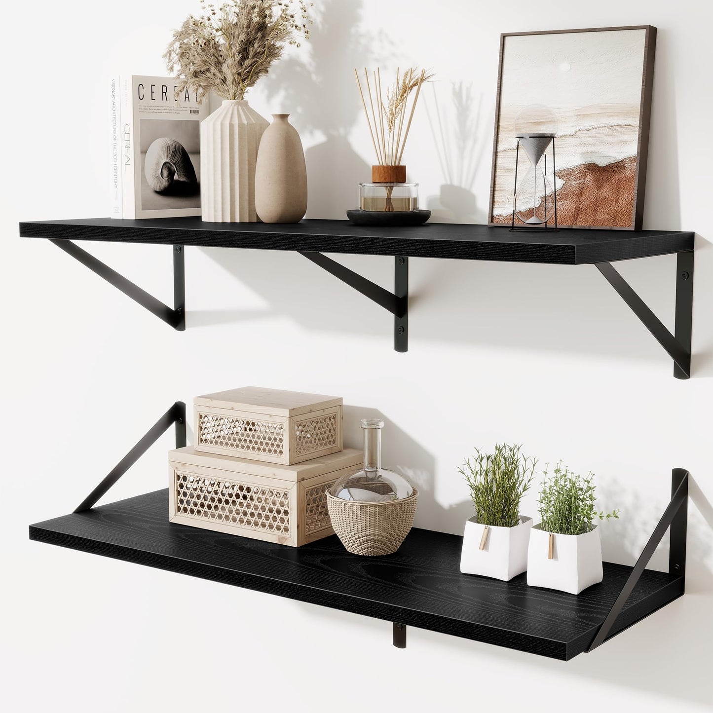 Acovy Deep Floating Shelves Wall Mounted, 36"x12" Brown Wood Shelves with Brackets Set of 2 for Bedroom, Living Room, Bathroom, Kitchen, Office - Storage & Display Shelf for Decor, Books, Plants
