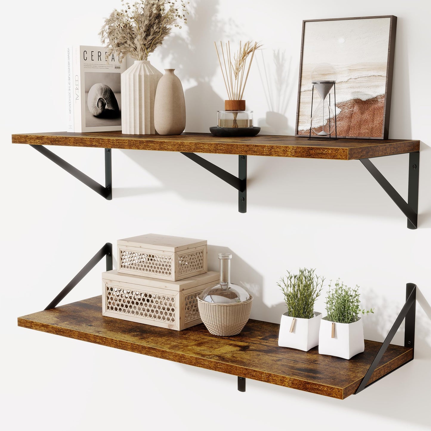 Acovy Deep Floating Shelves Wall Mounted, 36"x12" Brown Wood Shelves with Brackets Set of 2 for Bedroom, Living Room, Bathroom, Kitchen, Office - Storage & Display Shelf for Decor, Books, Plants