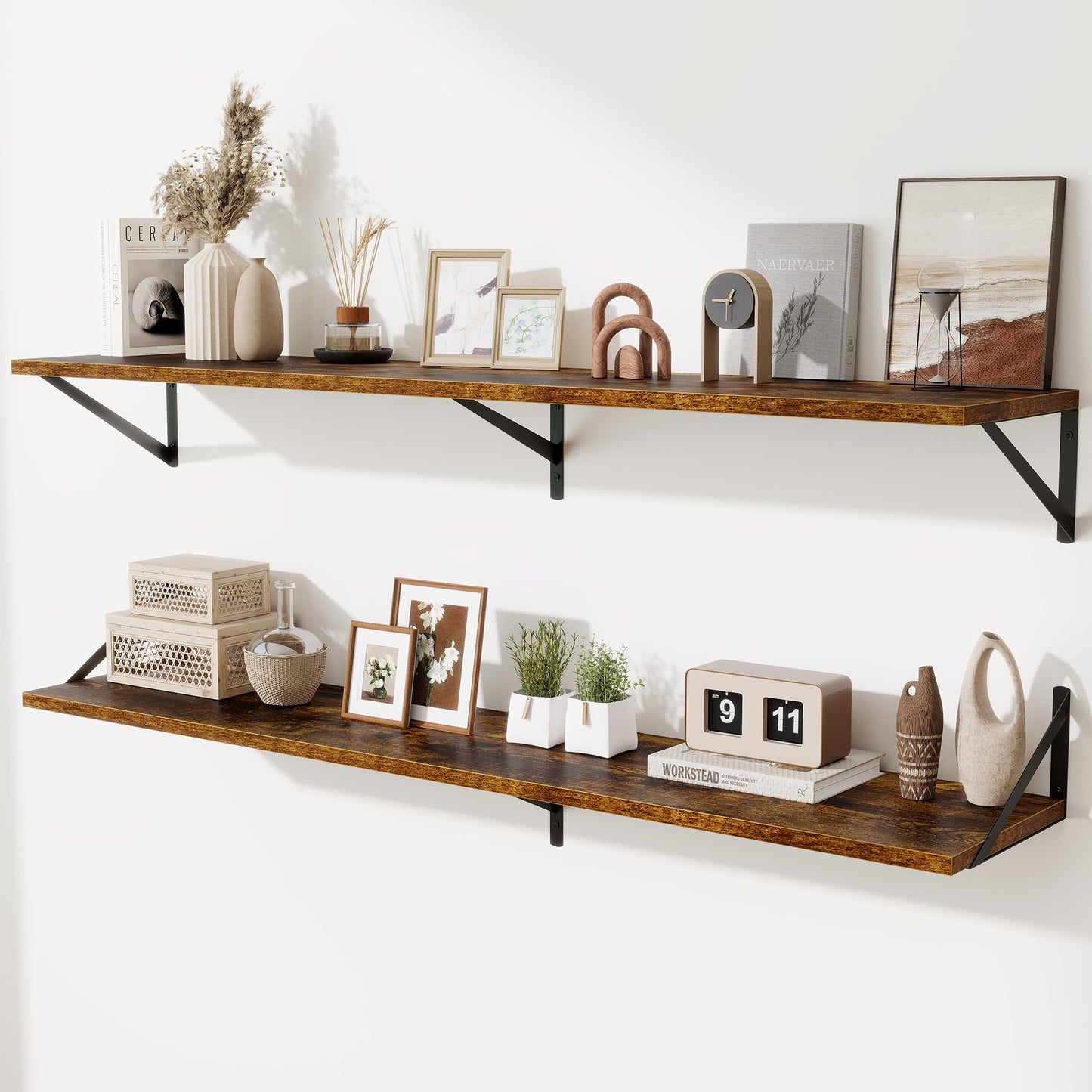 Acovy Deep Floating Shelves Wall Mounted, 36"x12" Brown Wood Shelves with Brackets Set of 2 for Bedroom, Living Room, Bathroom, Kitchen, Office - Storage & Display Shelf for Decor, Books, Plants