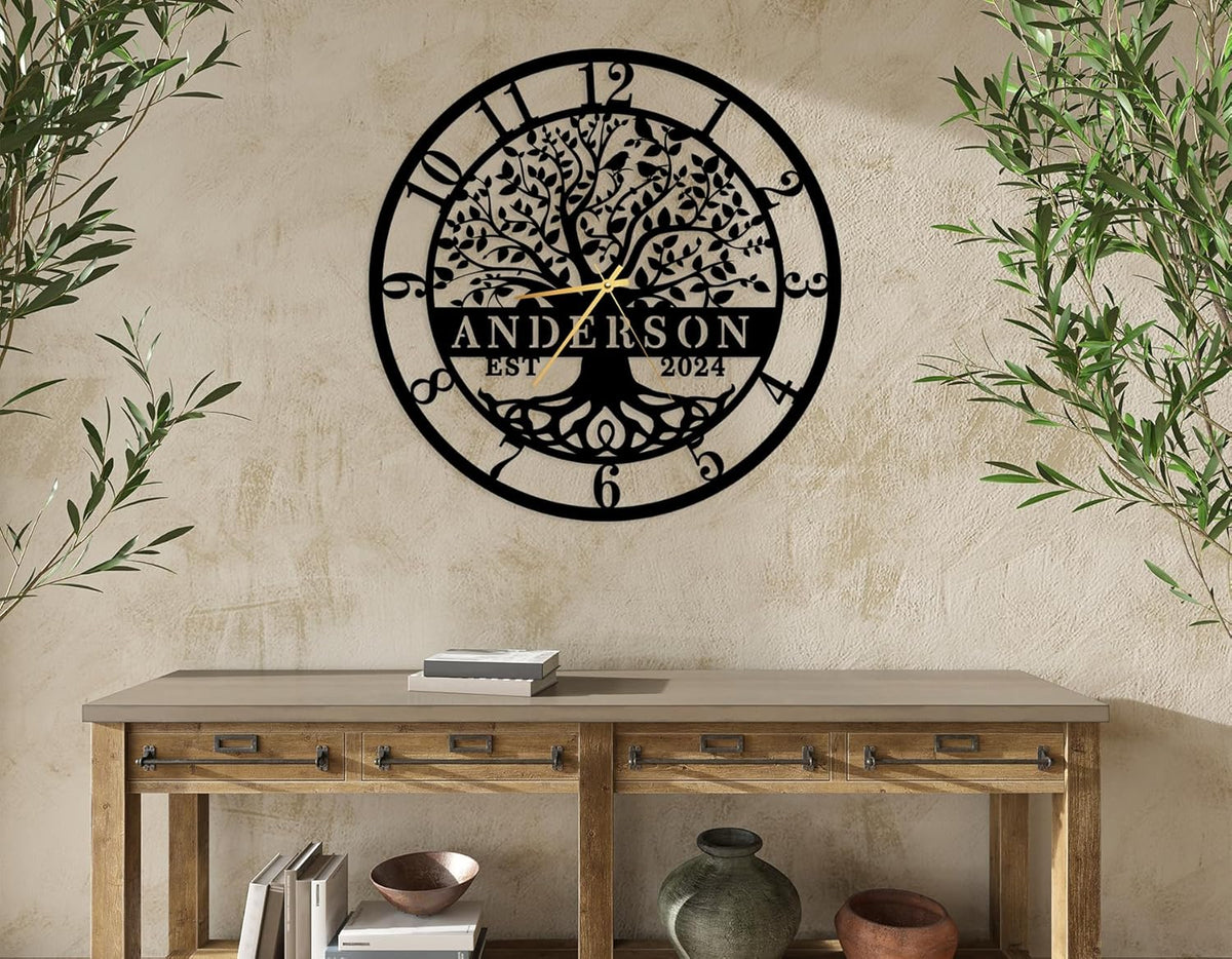 Personalized Family Tree of Life Metal Wall Clock - Custom Last Name Engraved Wall Art, Custom Metal Clock，Large Modern Home Decor for Housewarming, Wedding