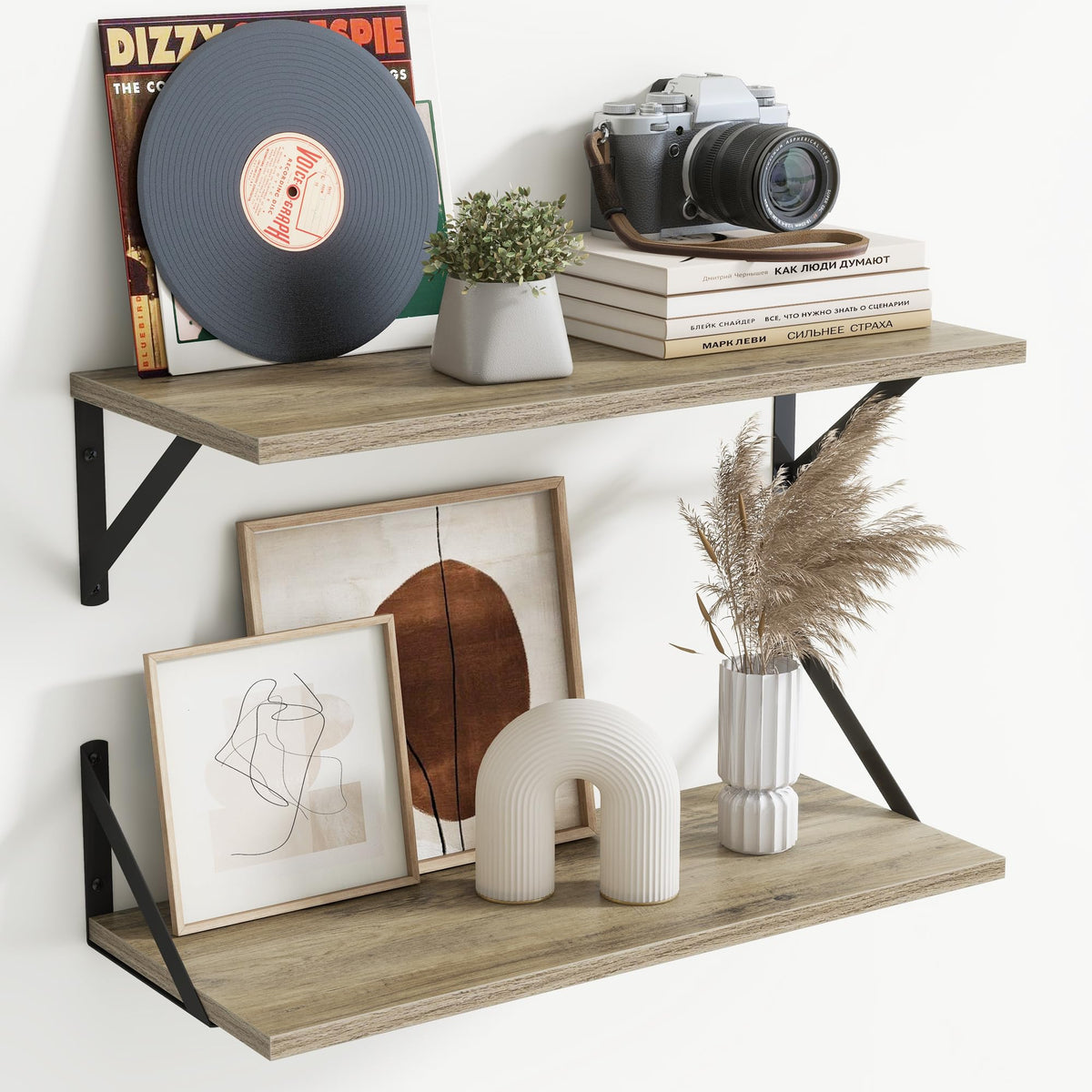 Acovy Deep Floating Shelves Wall Mounted, 36"x12" Brown Wood Shelves with Brackets Set of 2 for Bedroom, Living Room, Bathroom, Kitchen, Office - Storage & Display Shelf for Decor, Books, Plants