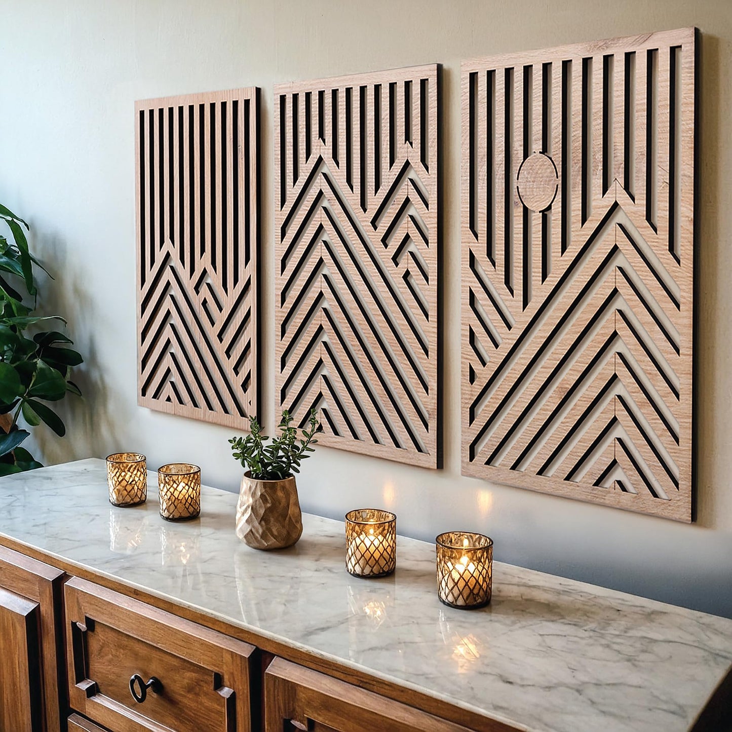qmmp Modern Wooden Wall Sculptures - Set of 3 - Home Decor Accent - Large Wall Art for Living Room, Bedroom, Office - Easy Installation (Walnut, Large - Tree Leaves)