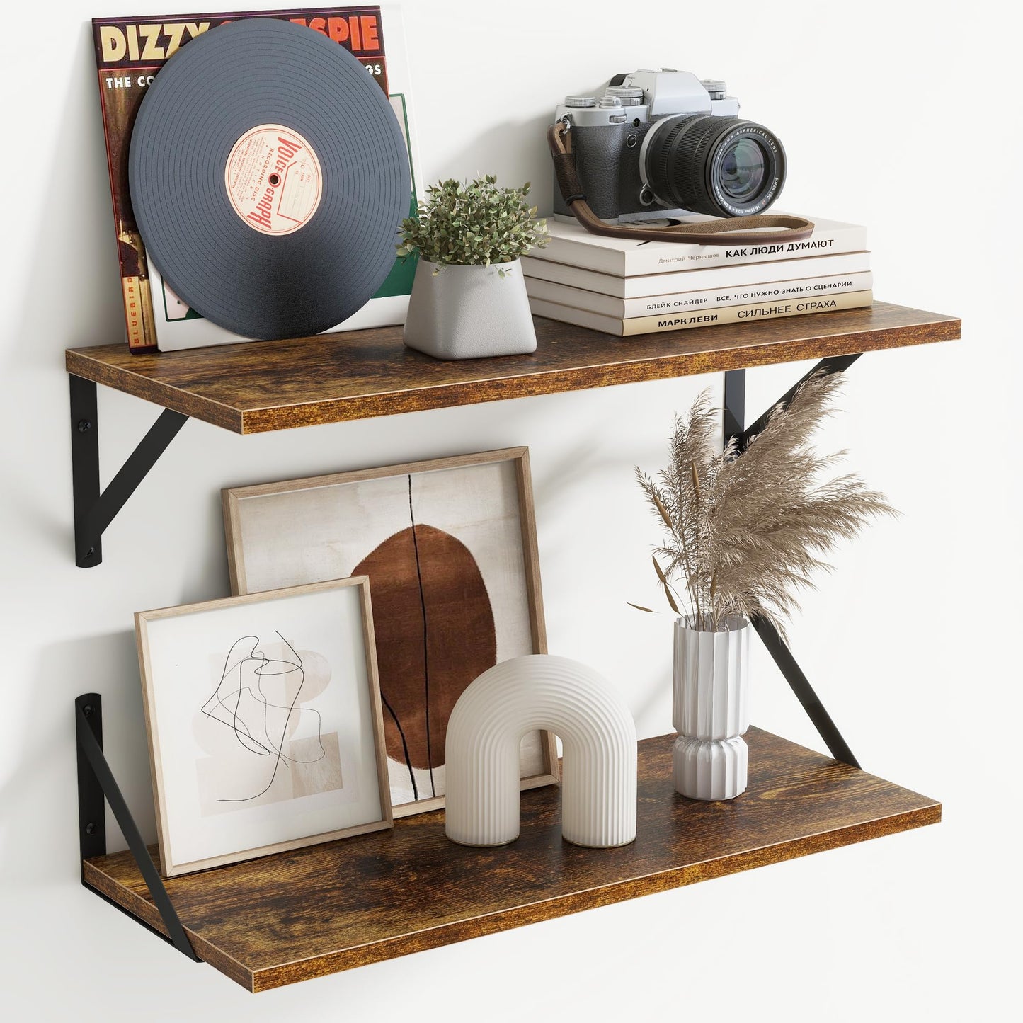 Acovy Deep Floating Shelves Wall Mounted, 36"x12" Brown Wood Shelves with Brackets Set of 2 for Bedroom, Living Room, Bathroom, Kitchen, Office - Storage & Display Shelf for Decor, Books, Plants