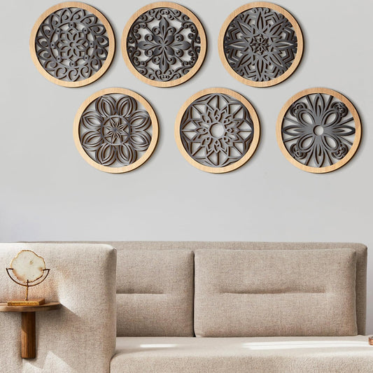 Ferraycle 6 Pieces Thicken Rustic Wall Decor Farmhouse Wall Art Wooden Round Art Hanging Decoration Hollow Carved for Living Room Bedroom Kitchen Office Apartment Hallway(Wood Color)