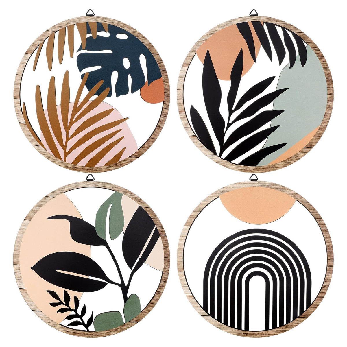 Qunclay 4 Pcs Boho Wall Art Bohemian Wood Round Circle Wall Decor Stylish