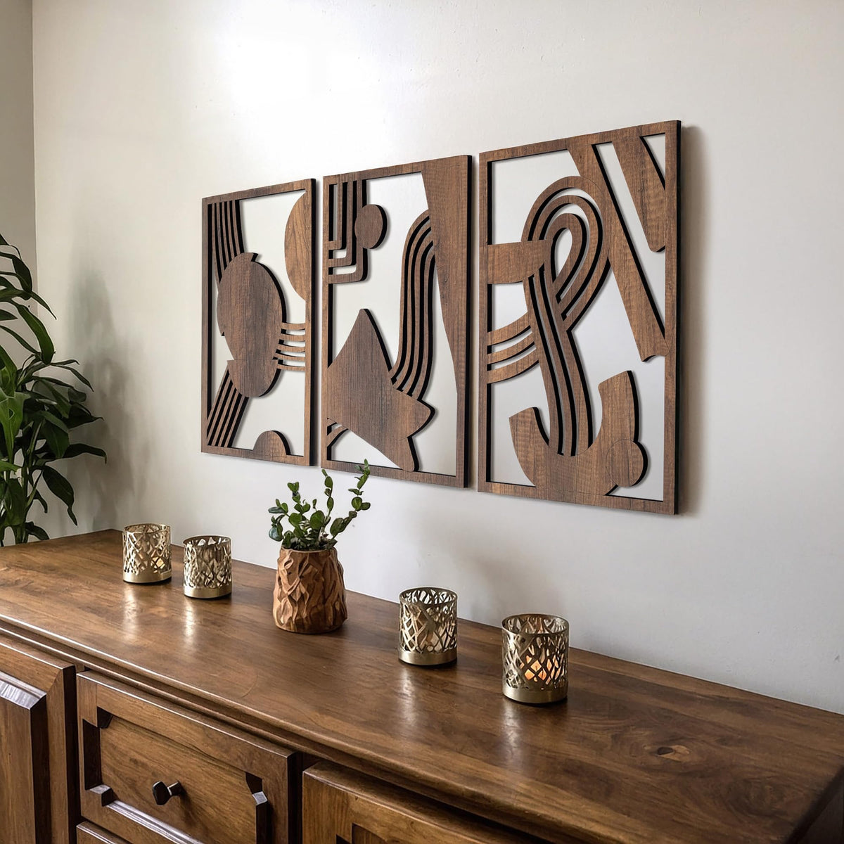 qmmp Modern Wooden Wall Sculptures - Set of 3 - Home Decor Accent - Large Wall Art for Living Room, Bedroom, Office - Easy Installation (Walnut, Large - Tree Leaves)