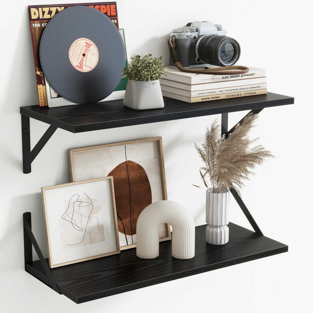 Acovy Deep Floating Shelves Wall Mounted, 36"x12" Brown Wood Shelves with Brackets Set of 2 for Bedroom, Living Room, Bathroom, Kitchen, Office - Storage & Display Shelf for Decor, Books, Plants