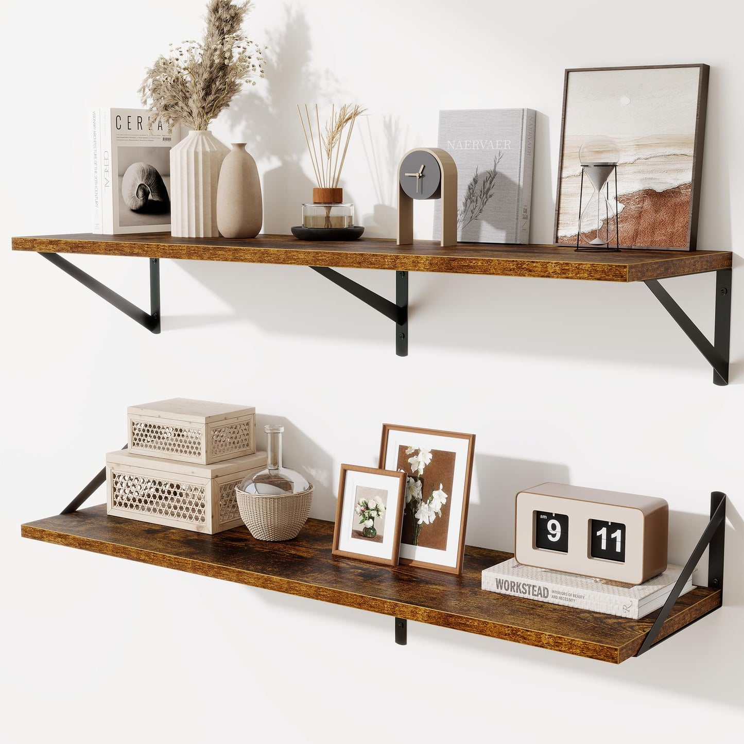 Acovy Deep Floating Shelves Wall Mounted, 36"x12" Brown Wood Shelves with Brackets Set of 2 for Bedroom, Living Room, Bathroom, Kitchen, Office - Storage & Display Shelf for Decor, Books, Plants