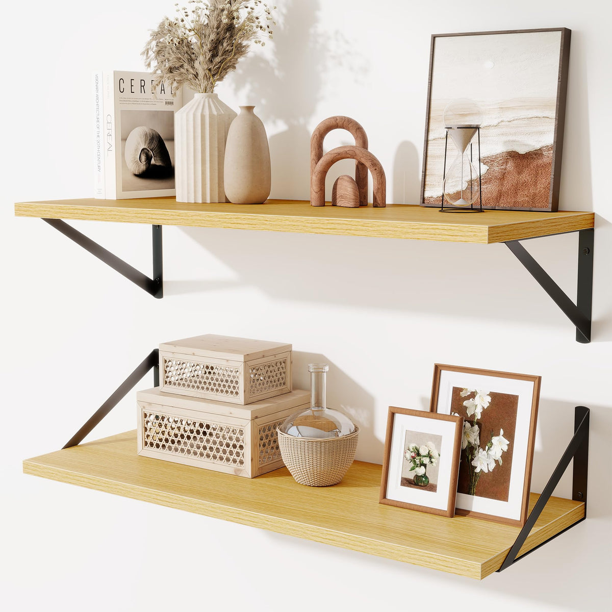 Acovy Deep Floating Shelves Wall Mounted, 36"x12" Brown Wood Shelves with Brackets Set of 2 for Bedroom, Living Room, Bathroom, Kitchen, Office - Storage & Display Shelf for Decor, Books, Plants