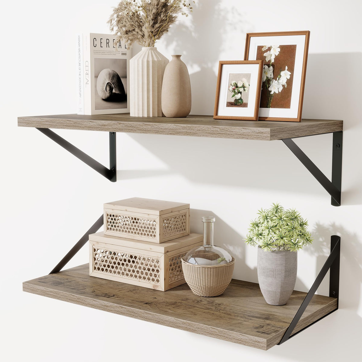 Acovy Deep Floating Shelves Wall Mounted, 36"x12" Black Wall Shelves with Brackets Set of 2 for Bedroom, Living Room, Bathroom, Kitchen, Office - Storage & Display Shelf for Decor, Books, Plants