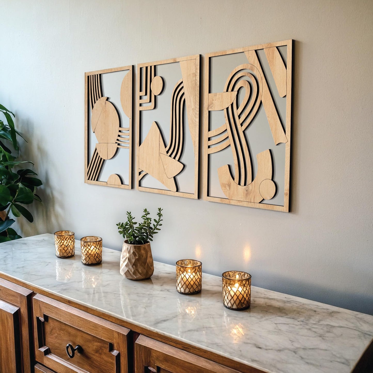 qmmp Modern Wooden Wall Sculptures - Set of 3 - Home Decor Accent - Large Wall Art for Living Room, Bedroom, Office - Easy Installation (Walnut, Large - Tree Leaves)