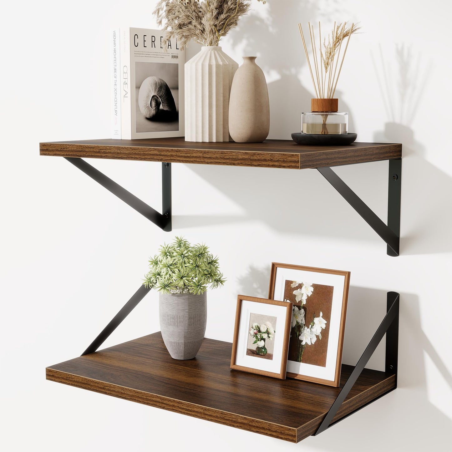Acovy Deep Floating Shelves Wall Mounted, 36"x12" Brown Wood Shelves with Brackets Set of 2 for Bedroom, Living Room, Bathroom, Kitchen, Office - Storage & Display Shelf for Decor, Books, Plants