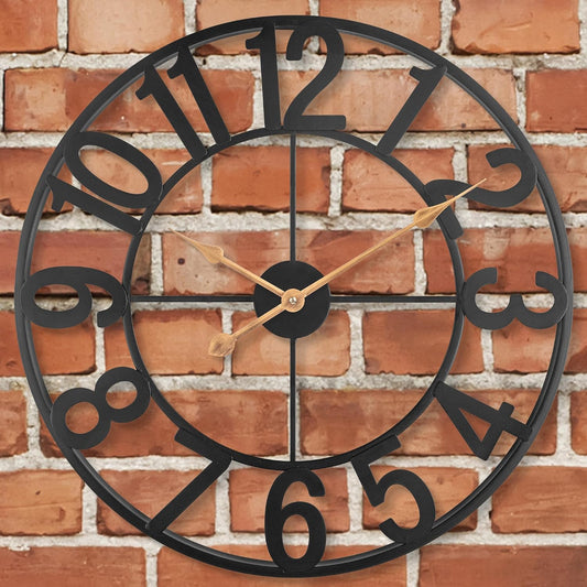 Outdoor Clock for Patio, Silent Non-Ticking Battery Operated Black Metal Outdoor Wall Clock with Large Arabic Numerals, Vintage Farmhouse Decorative Clock Pool, Garden, Porch, Living Room – 14 Inch