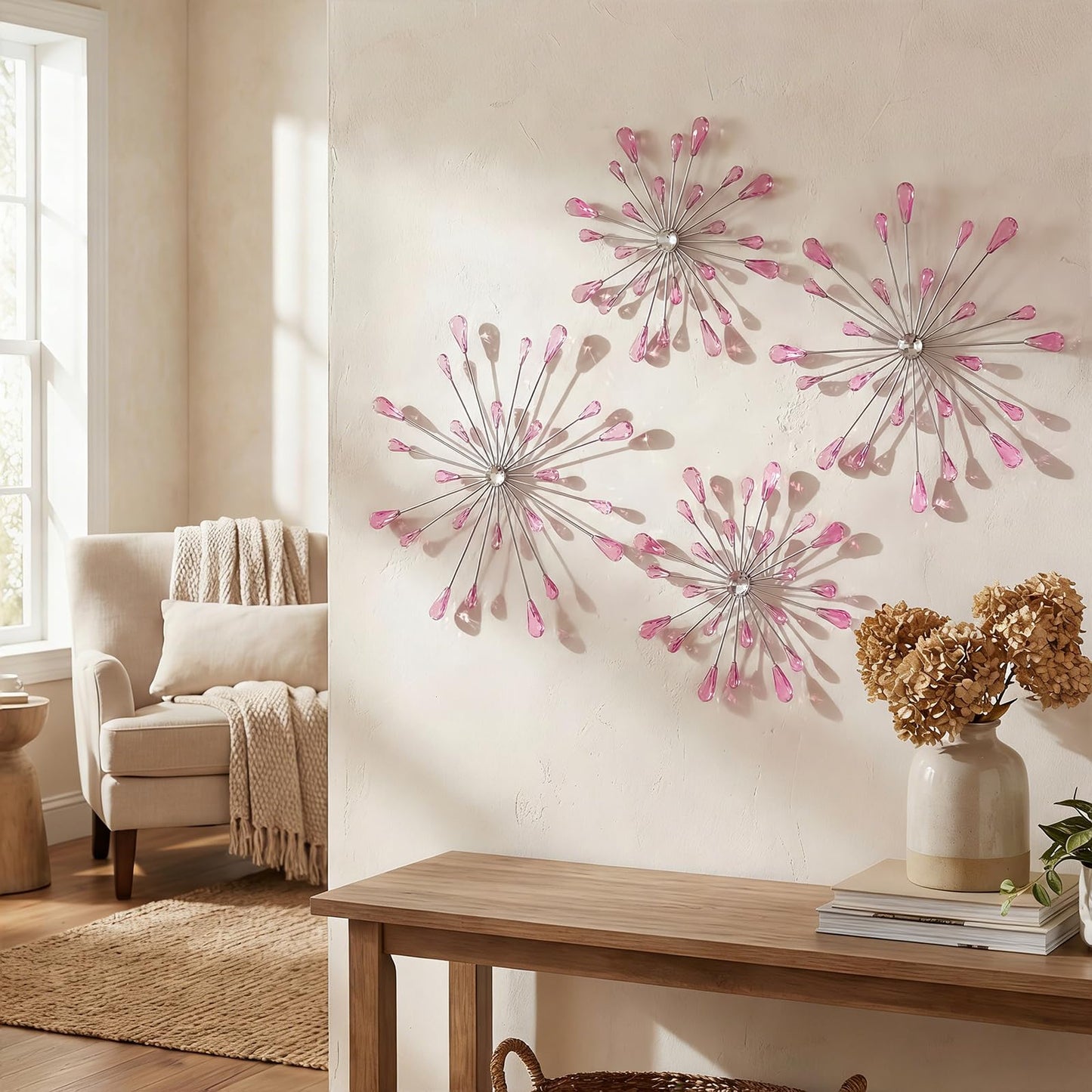 ZEXUIRU 3 Set Silver Starburst Wall Art for Home Decor Metal Bling Crystal Rhinestones Sunburst Wall Decor Sparkling Rhinestone Art Accent Silver - 13in