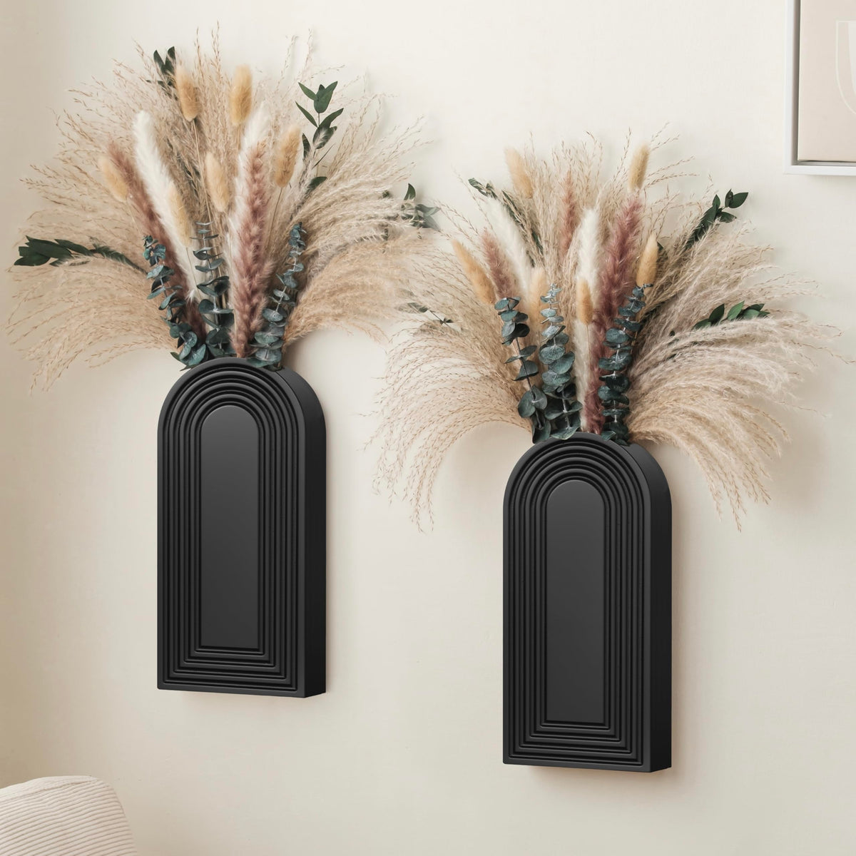 2 Pack Wooden Wall Vase Set with Pampas Grass Eucalyptus, Modern Farmhouse Boho Wall Decor for Living Room, Entryway, Hallway, Bathroom, Dining Room, Brown Wall Art for Home Decoration