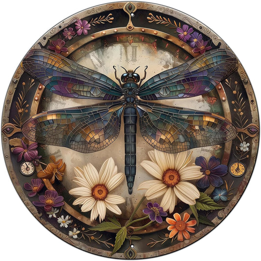 Dragonfly Decor Metal Wreaths Signs, 8x8 Inch Yard Art Vintage Stained Glass Floral Wall Art Decor for Home Outdoor Patio Porch Window