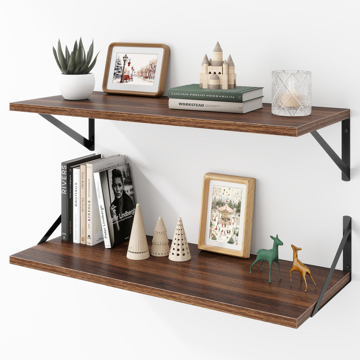 Acovy Deep Floating Shelves Wall Mounted, 36"x12" Brown Wood Shelves with Brackets Set of 2 for Bedroom, Living Room, Bathroom, Kitchen, Office - Storage & Display Shelf for Decor, Books, Plants