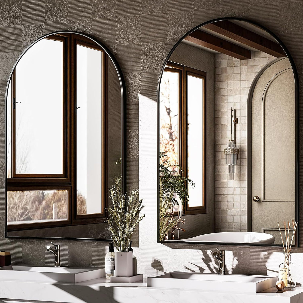 HARRITPURE Arched Wall Mirror 24"x36" Black Metal Frame Vanity Mirrors