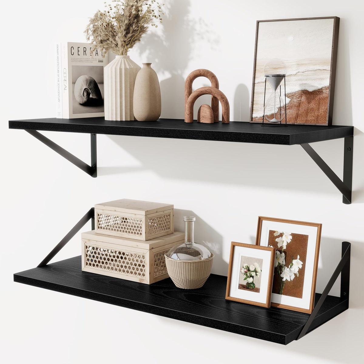 Acovy Deep Floating Shelves Wall Mounted, 36"x12" Black Wall Shelves with Brackets Set of 2 for Bedroom, Living Room, Bathroom, Kitchen, Office - Storage & Display Shelf for Decor, Books, Plants