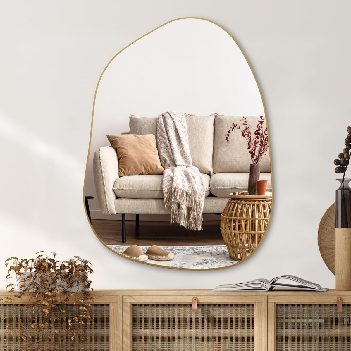 PERFNIQUE Irregular Asymmetrical Wall Mirror, 32"x24" Gold Bathroom Mirror