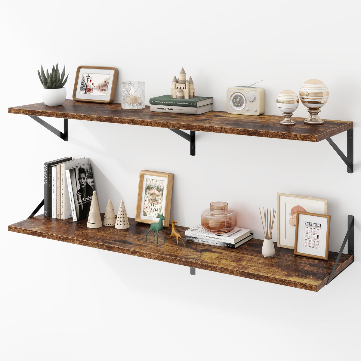 Acovy Deep Floating Shelves Wall Mounted, 36"x12" Brown Wood Shelves with Brackets Set of 2 for Bedroom, Living Room, Bathroom, Kitchen, Office - Storage & Display Shelf for Decor, Books, Plants