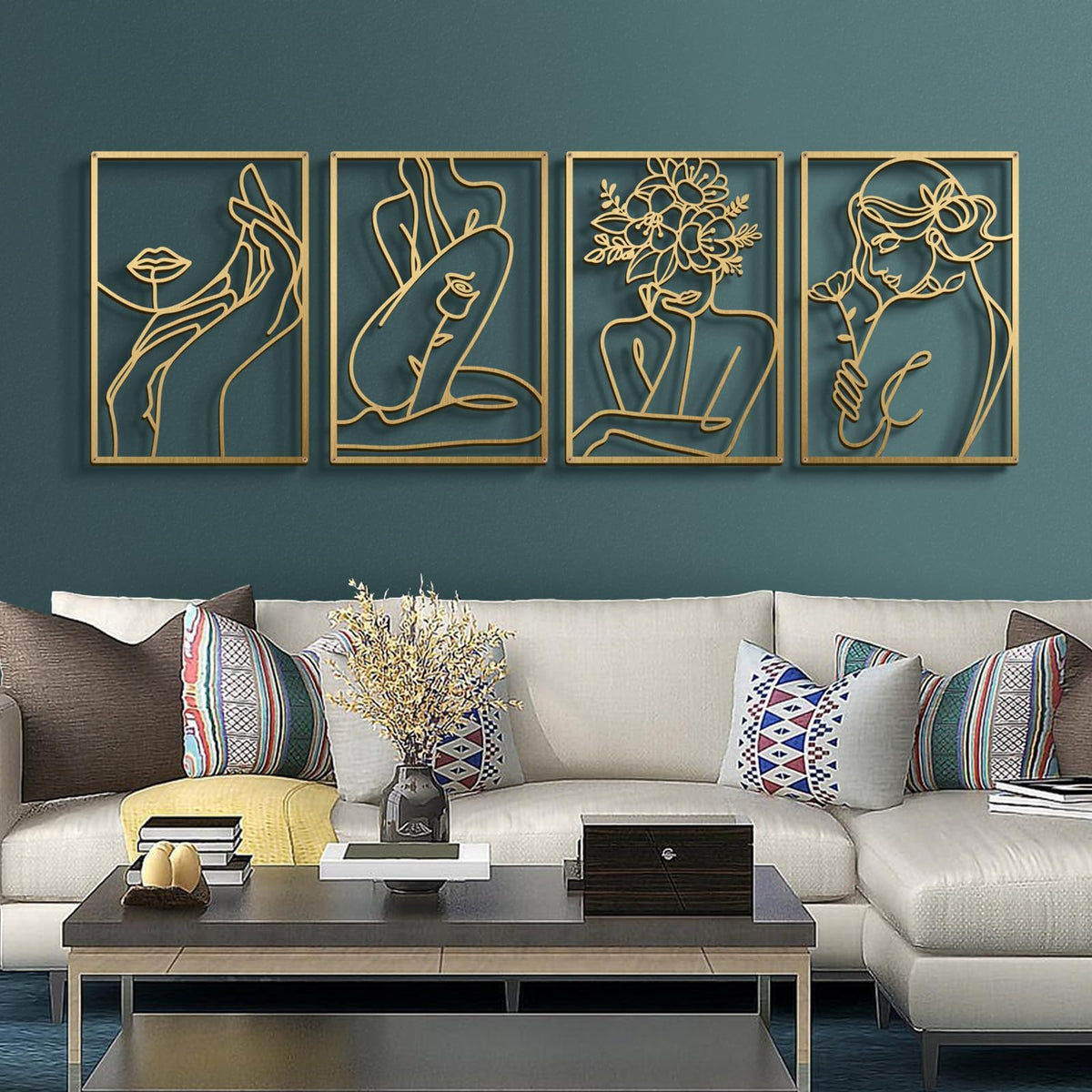 Gold Metal Abstract Wall Art, Floral Minimalist Line Decor For Bedroom