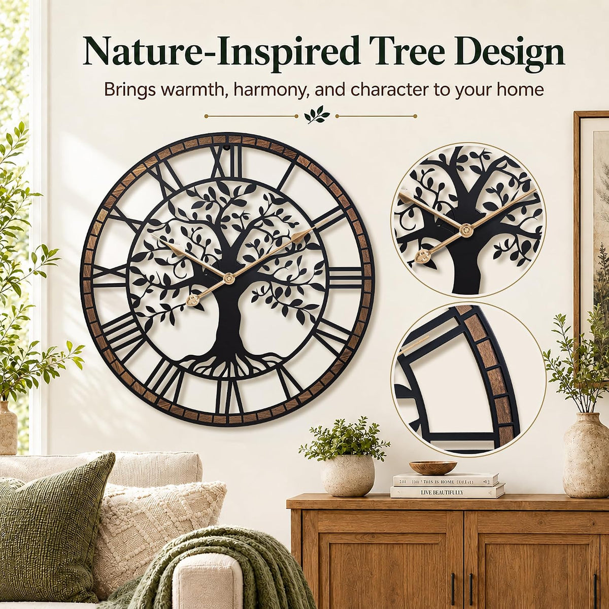 24 Inch Large Modern Metal Tree Wall Clock for Living Room Decor,Wood Frame