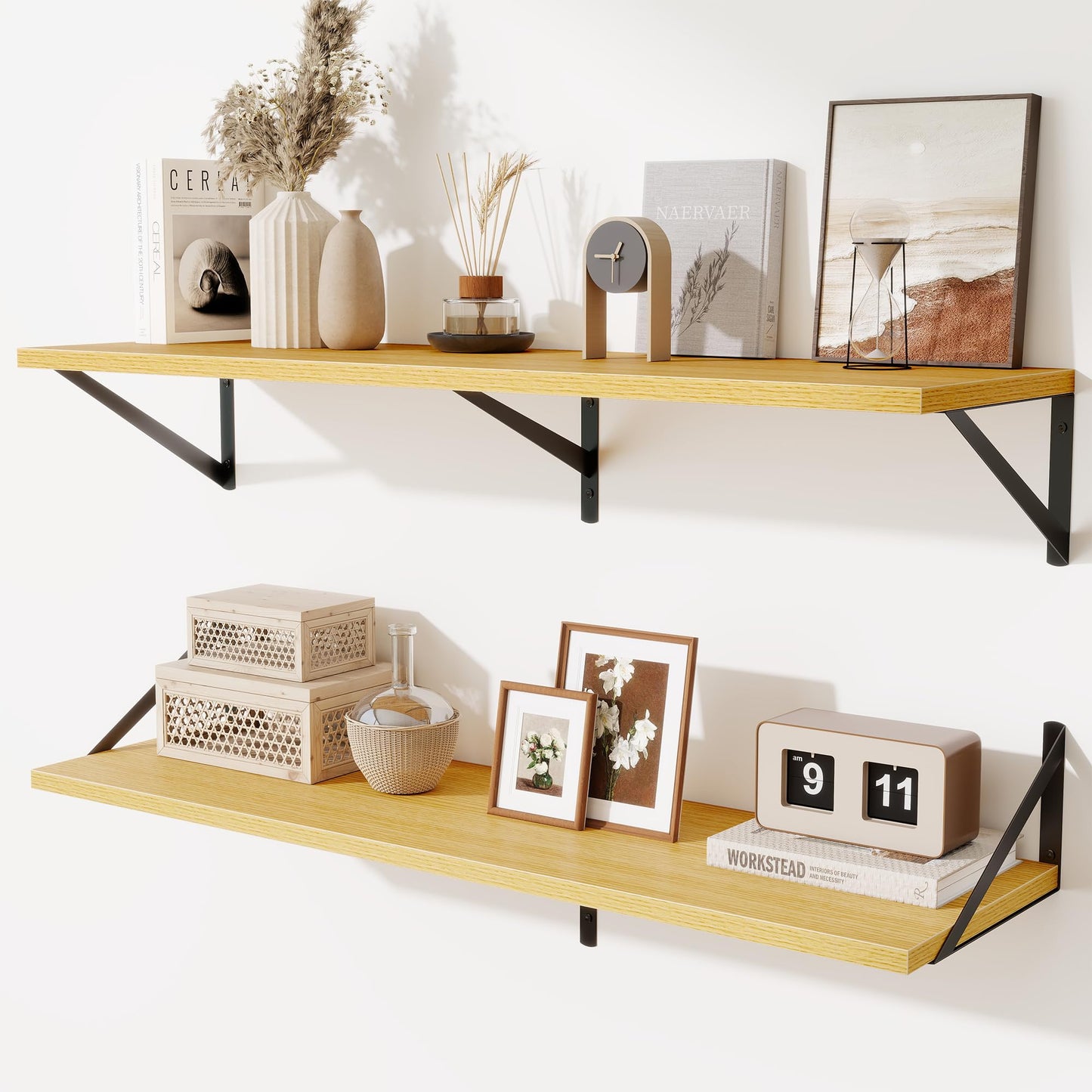 Acovy Deep Floating Shelves Wall Mounted, 36"x12" Black Wall Shelves with Brackets Set of 2 for Bedroom, Living Room, Bathroom, Kitchen, Office - Storage & Display Shelf for Decor, Books, Plants