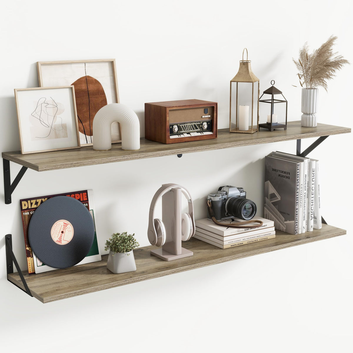 Acovy Deep Floating Shelves Wall Mounted, 36"x12" Black Wall Shelves with Brackets Set of 2 for Bedroom, Living Room, Bathroom, Kitchen, Office - Storage & Display Shelf for Decor, Books, Plants