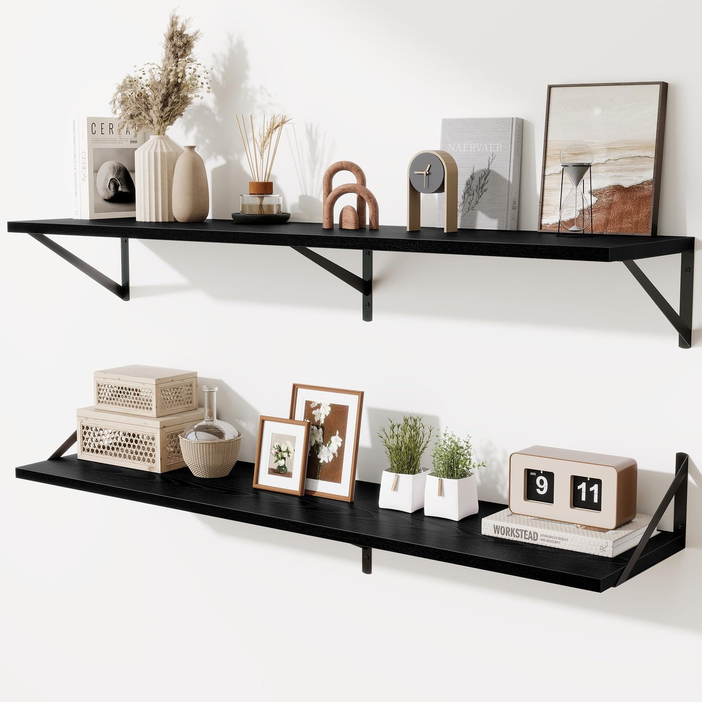 Acovy Deep Floating Shelves Wall Mounted, 36"x12" Black Wall Shelves with Brackets Set of 2 for Bedroom, Living Room, Bathroom, Kitchen, Office - Storage & Display Shelf for Decor, Books, Plants
